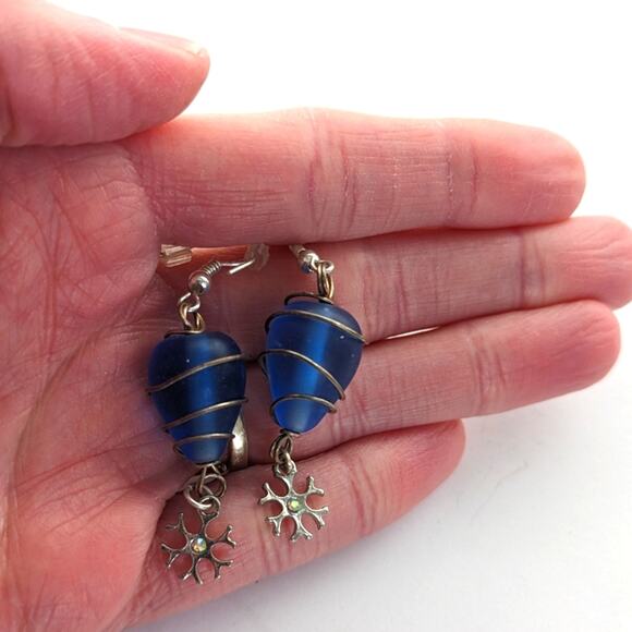 Artisan Made Handcrafted Wire Wrapped Glass Bead Snowflake Charm Hook Earrings - Picture 3 of 3